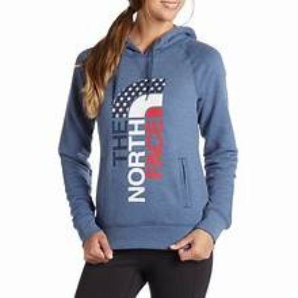 The North Face Logo USA Red White Blue Heathered Sweatshirt Hoodie Womens M